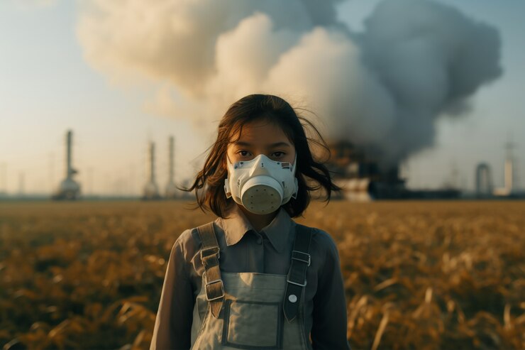 Ragazza indossa maschera contro inquinamento